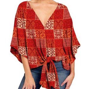 Red Geometric Plaid V-Neck Knot-Hem Top L